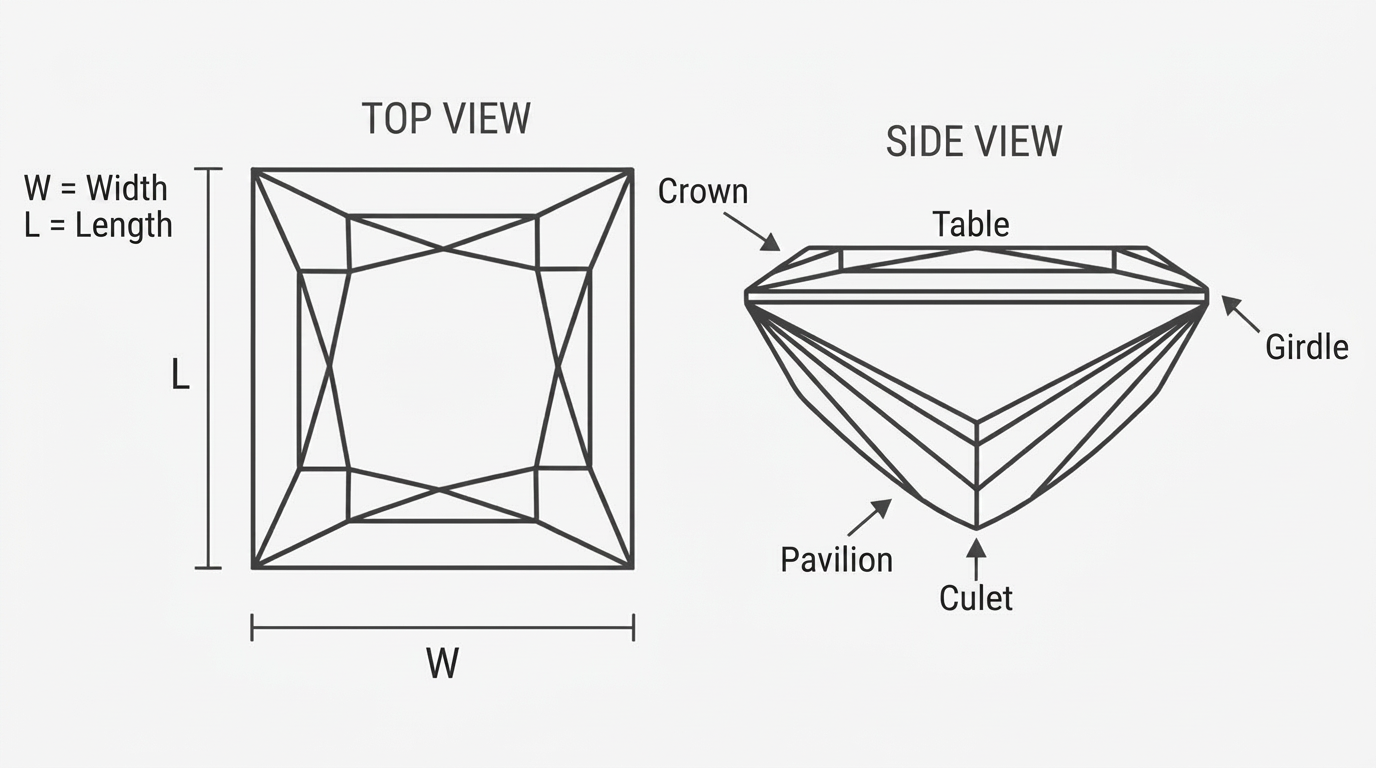 Princess cut diamond with different facet patterns