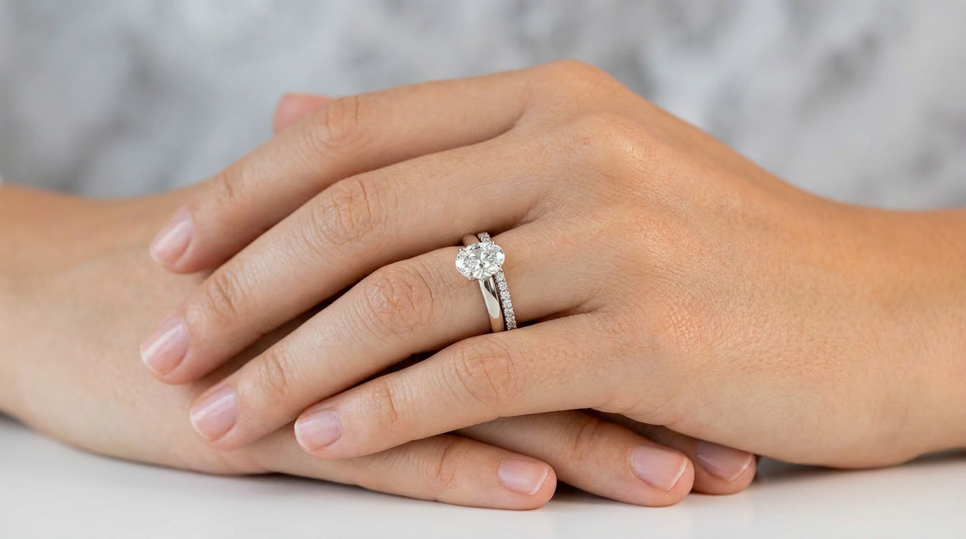 engagement ring and wedding band stacked on left ring finger
