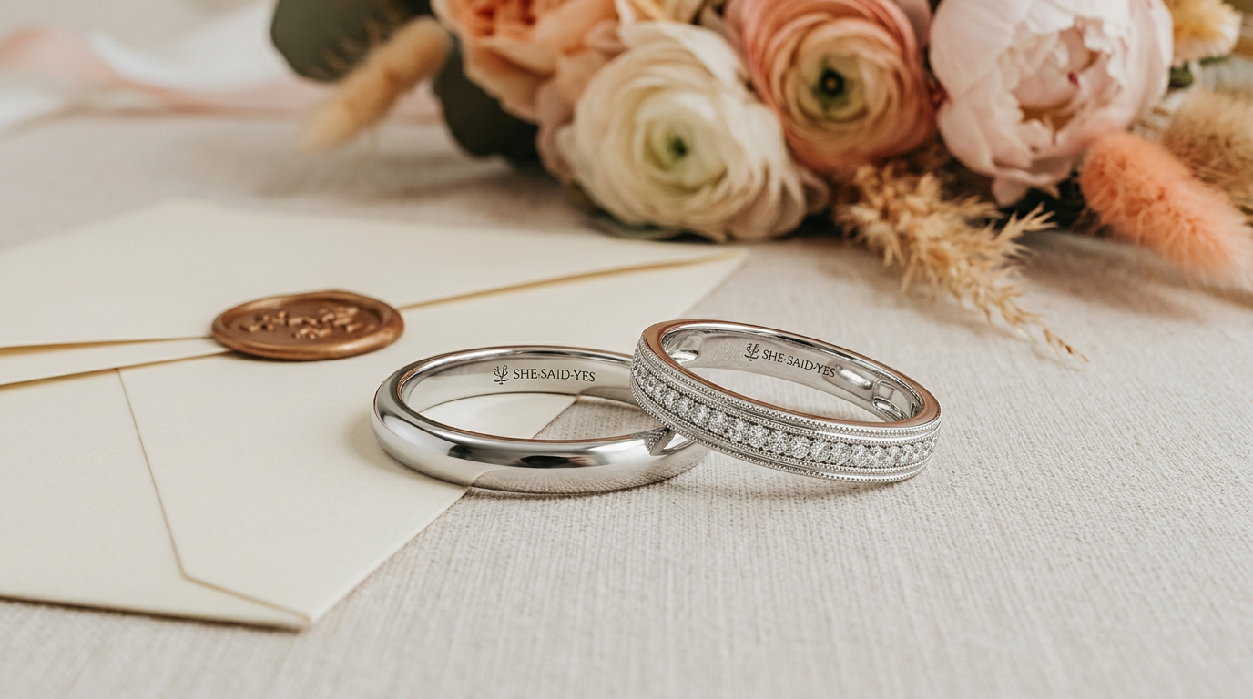 Timeless wedding bands on invitation cards