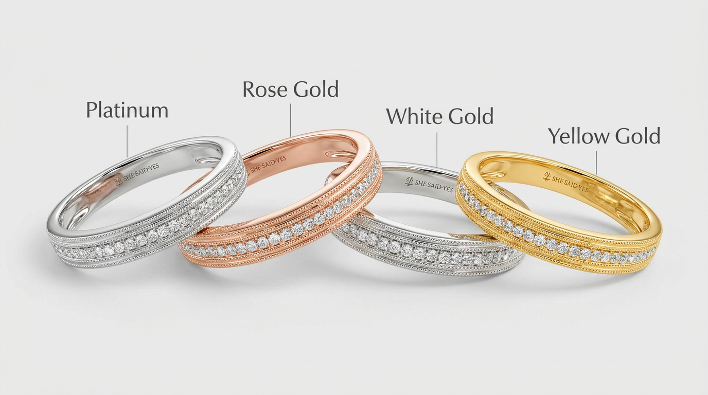 Classic pavé wedding bands in yellow gold, white gold, rose gold, and platinum