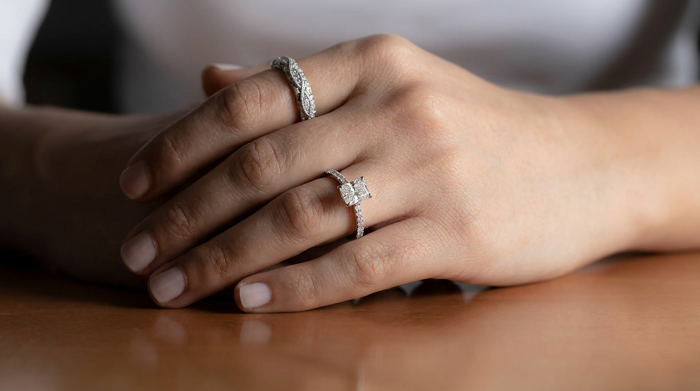 One common way to wear an engagement ring and a promise ring.