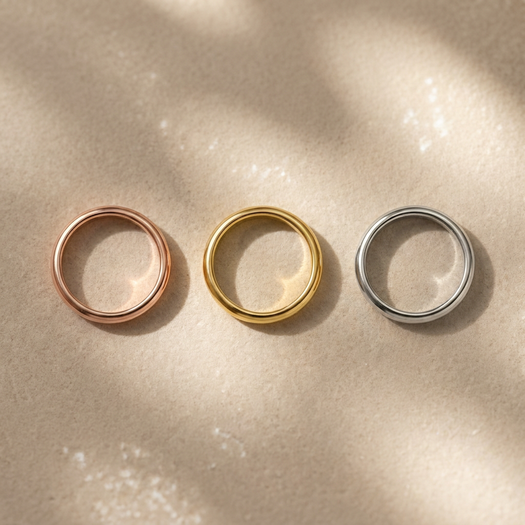 three gold wedding rings side by side: yellow, white, and rose gold