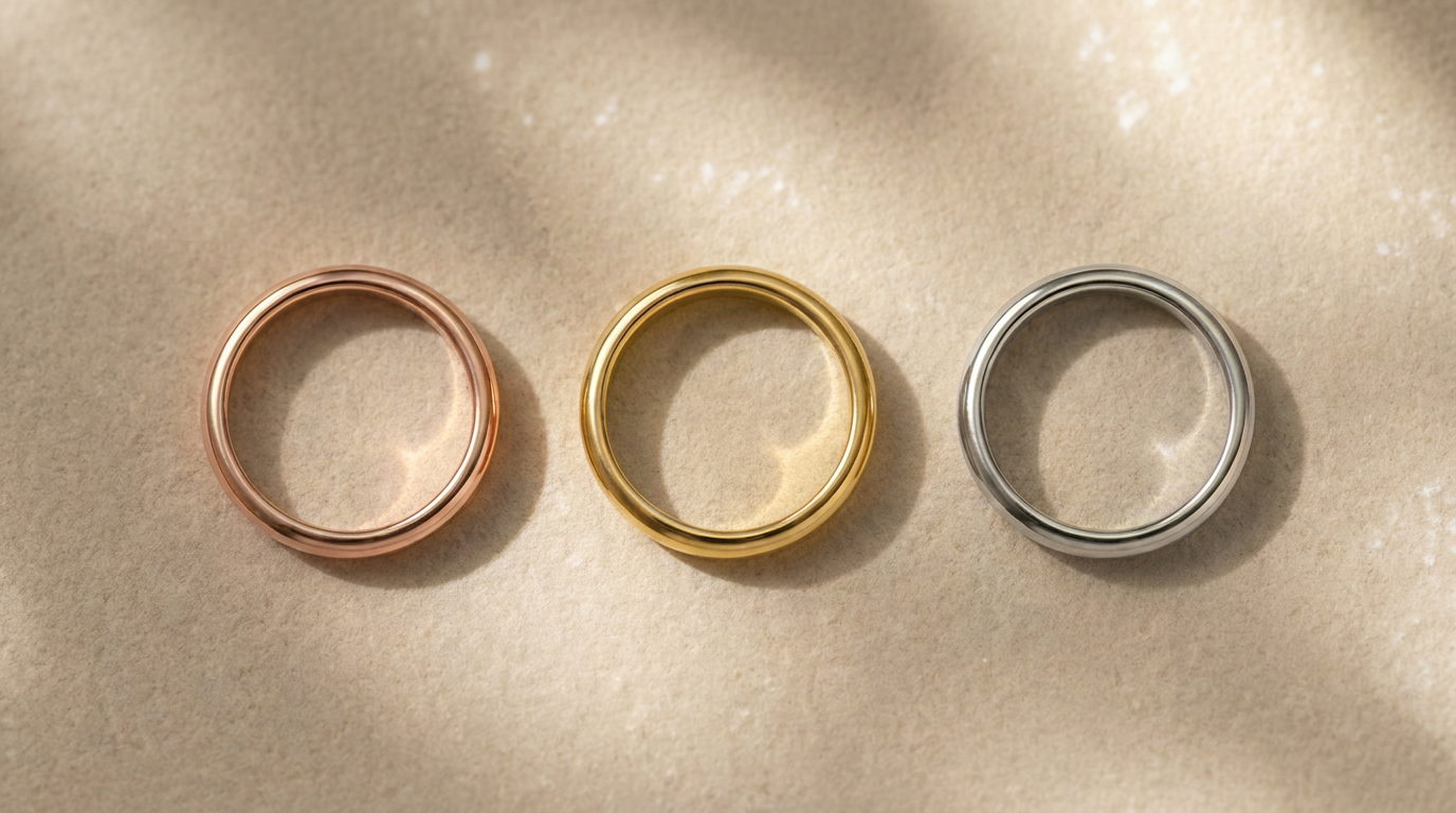 three gold wedding rings side by side: yellow, white, and rose gold