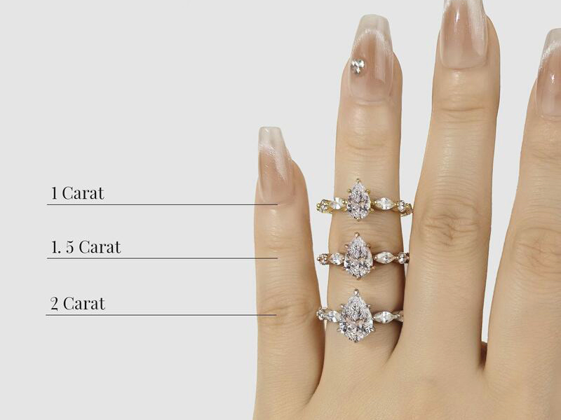 Comparison of different carat sizes on a ring finger