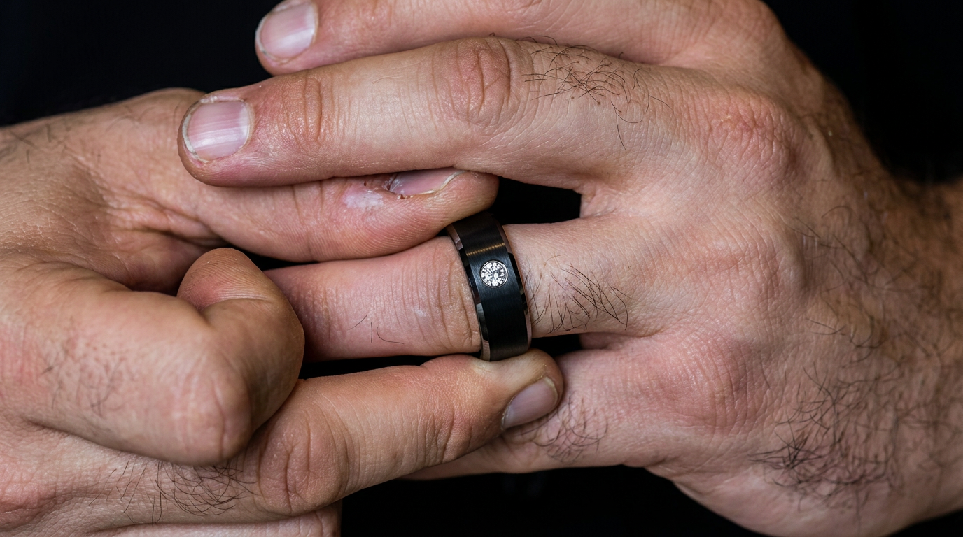 A man wearing a tungsten carbide wedding ring