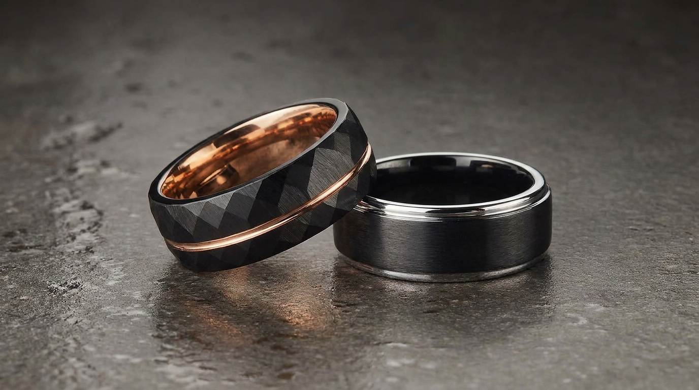two men's black wedding rings
