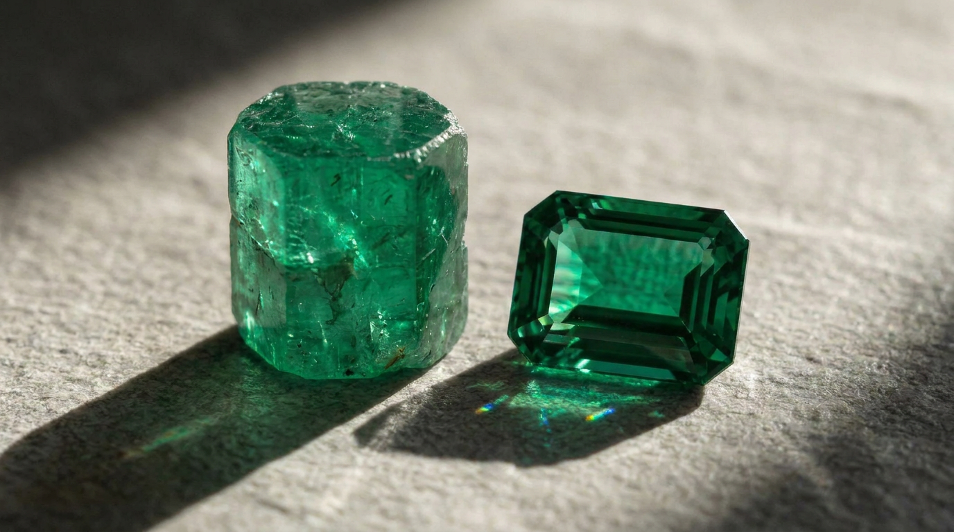 Raw emerald crystal and polished emerald cut gemstone