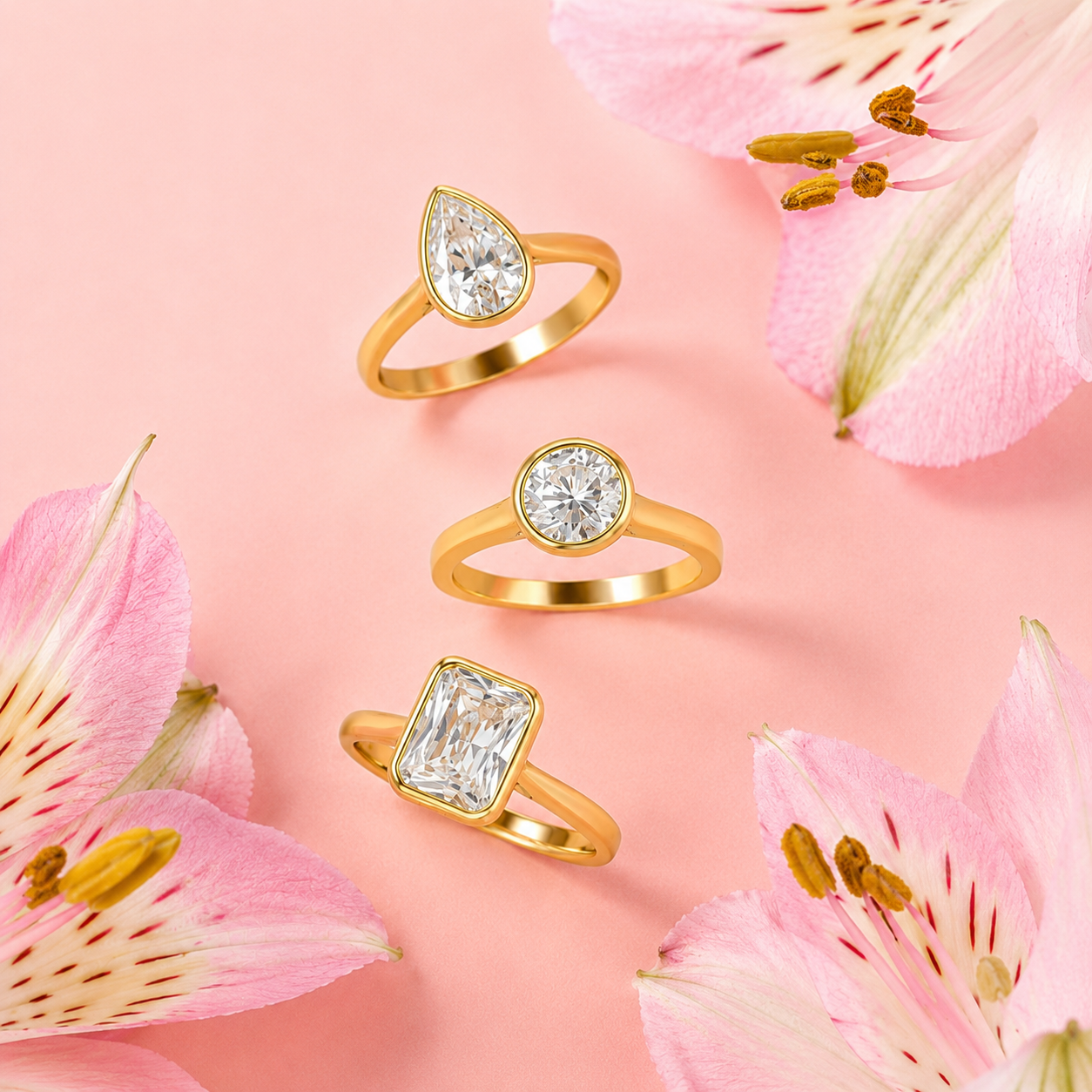 Three yellow gold bezel set engagement rings