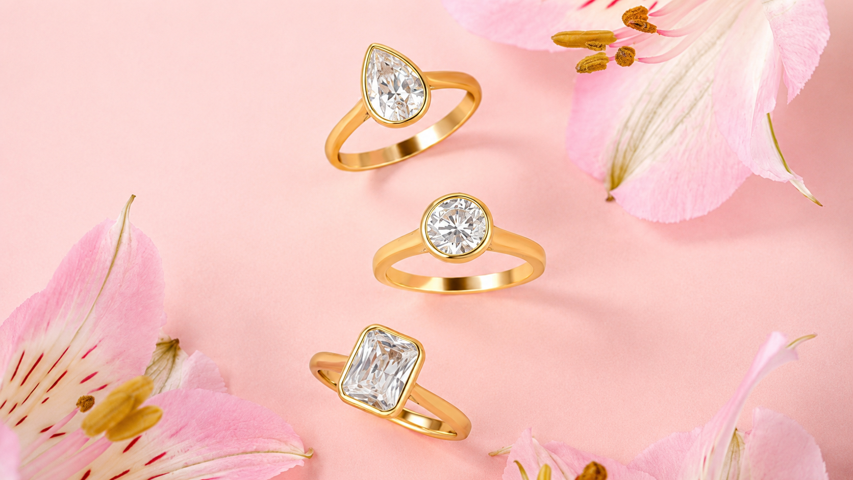 Three yellow gold bezel set engagement rings