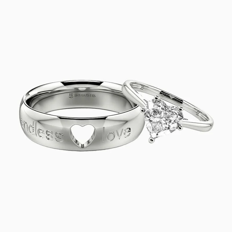 Endless Love Engraved White Gold Wedding Ring Set
