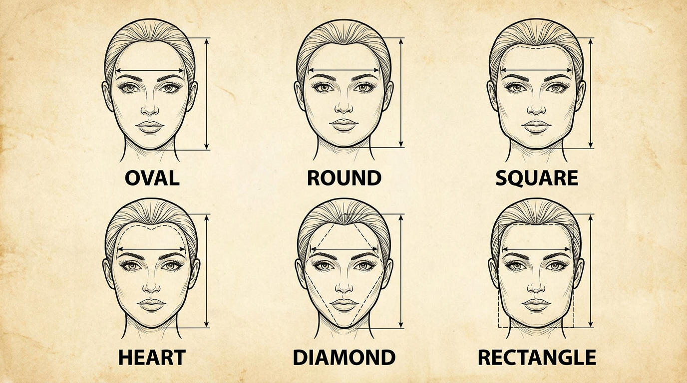 Illustration of six female face shapes: oval, round, square, heart, diamond, rectangle