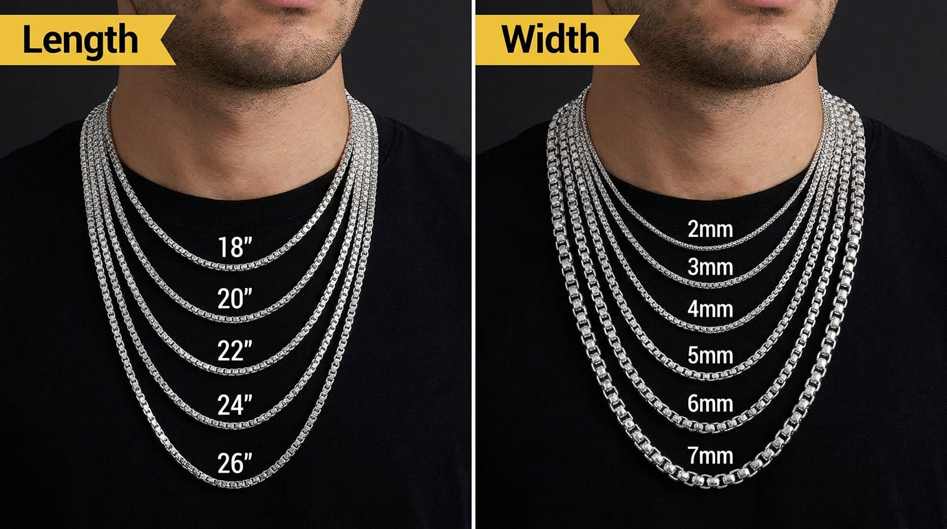 Men diamond cuban chain length and width size chart on model neck