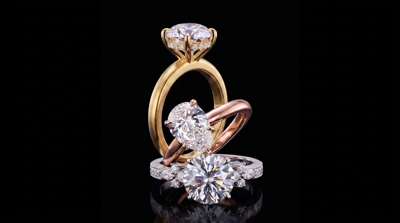 engagement rings in yellow, rose and white gold