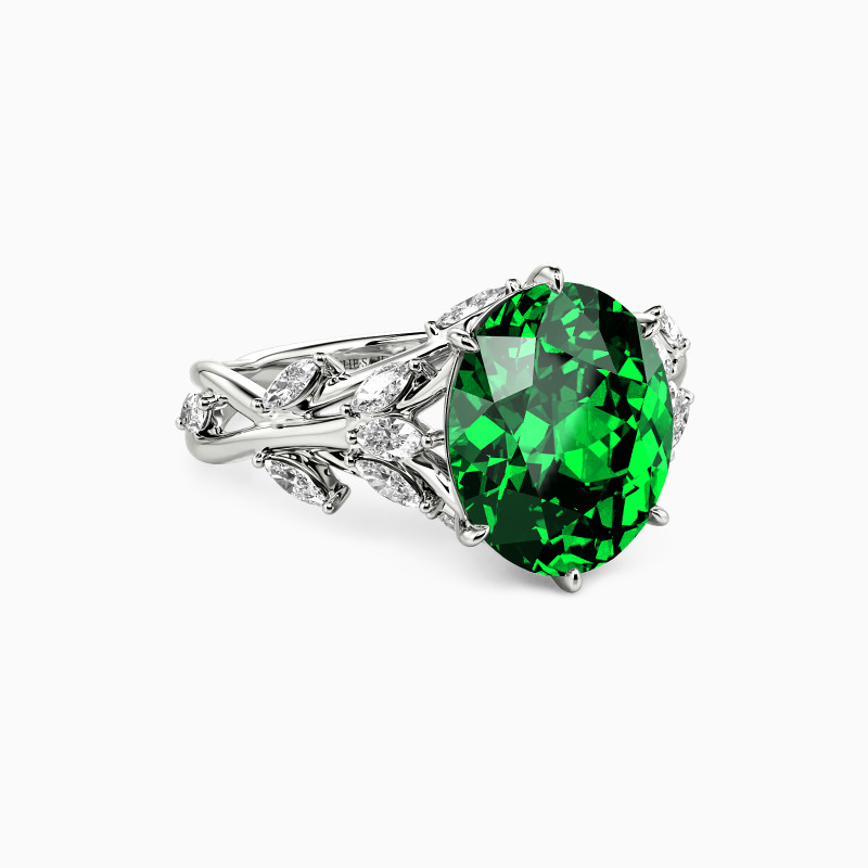 Emerald Green Oval Cut Cluster Side Stone Engagement Ring