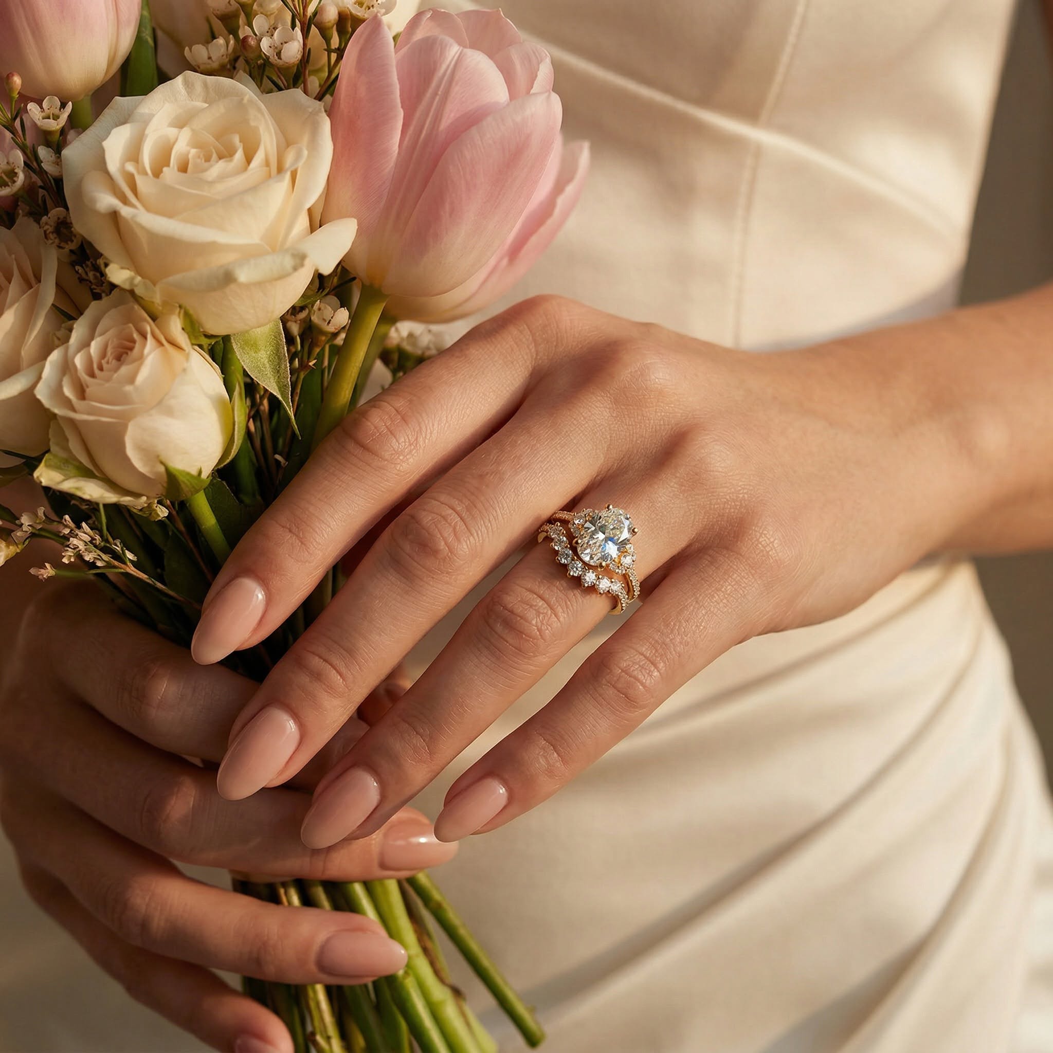 Bridal wearing gold oval diamond engagement ring with matching wedding band
