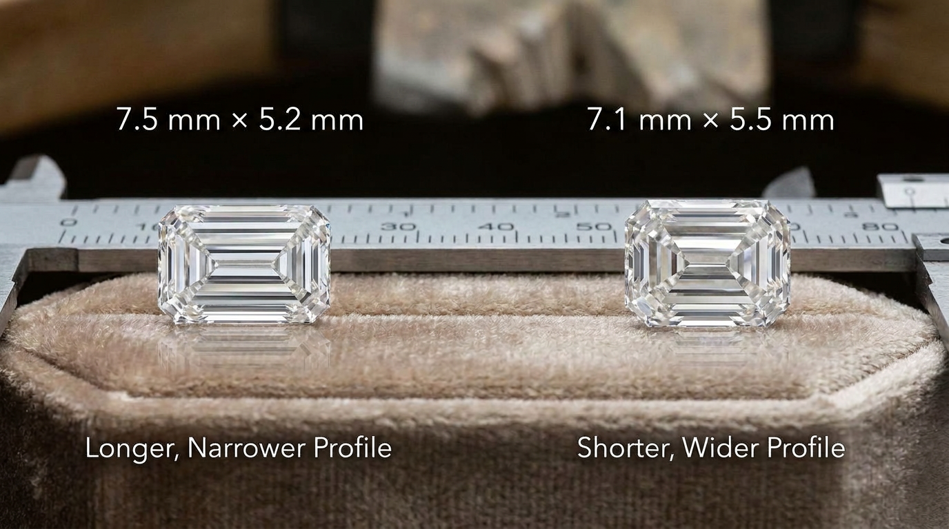 Comparison of emerald-cut diamonds with different dimensions