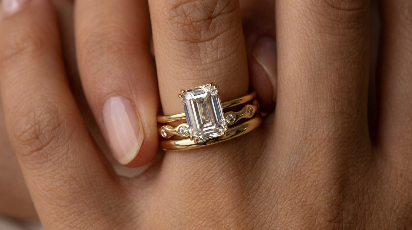 Emerald-cut engagement ring paired with a wedding band on hand